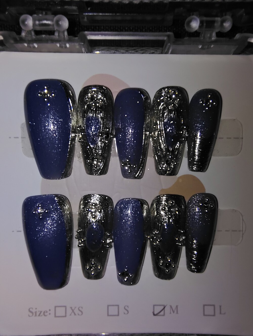 Navy Blue & Gunmetal Glitter Press-On Nail Set Size M. Handcrafted.